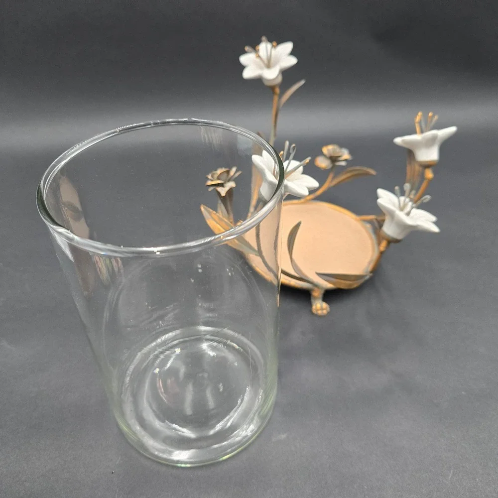 Vintage Ceramic Lily Floral Glass Vase Candle Holder Metal Base Centerpiece